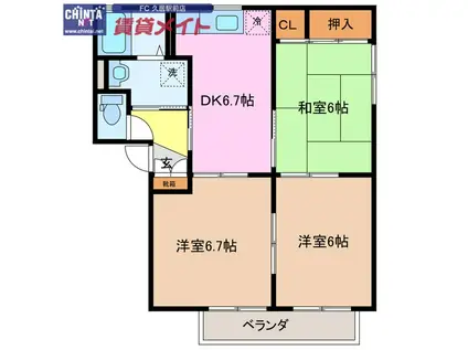 オークコートA(3DK/2階)の間取り写真