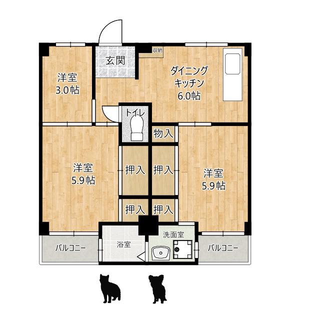 ビレッジハウス伏屋 1号棟(3DK/2階)の間取り写真