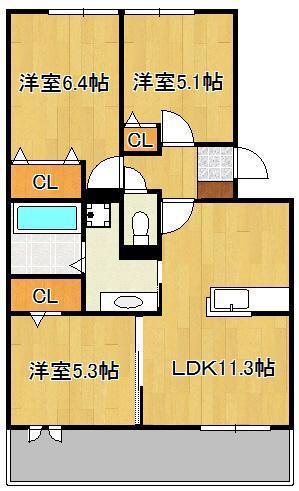 オアスロウ境川(3LDK/1階)の間取り写真