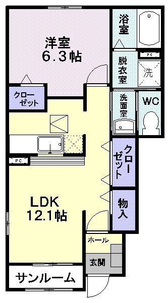 スリーアロー A(1LDK/1階)の間取り写真