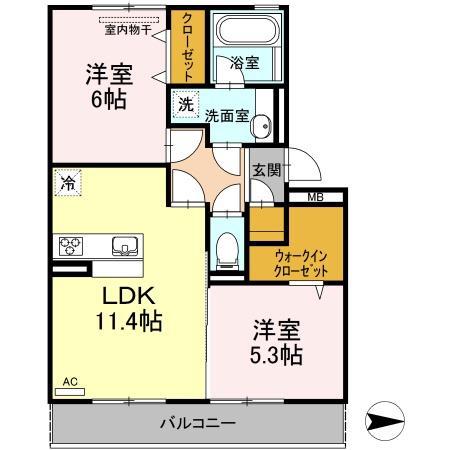 グランドール皆春(2LDK/3階)の間取り写真