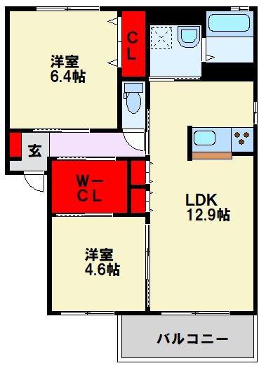 シャーメゾン茶屋の原I A棟(2LDK/2階)の間取り写真