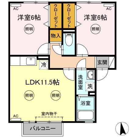 ブルーフォーレD棟(2LDK/2階)の間取り写真