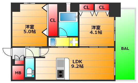 エステムコート阿波座プレミアム(2LDK/4階)の間取り写真