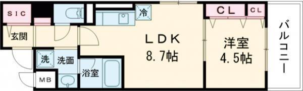 グランブルー高槻(1LDK/4階)の間取り写真