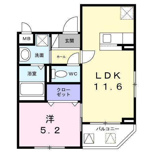 ソレイユ八条春日(1LDK/2階)の間取り写真