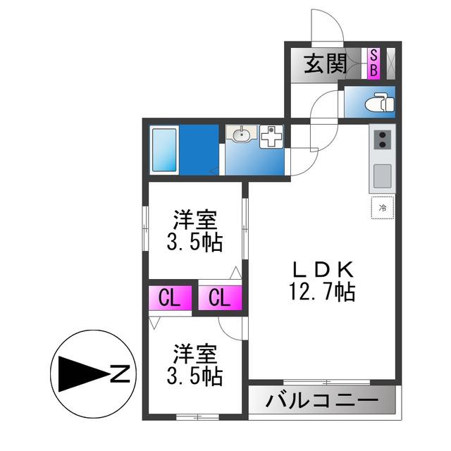 TIO瓢箪山(2LDK/2階)の間取り写真