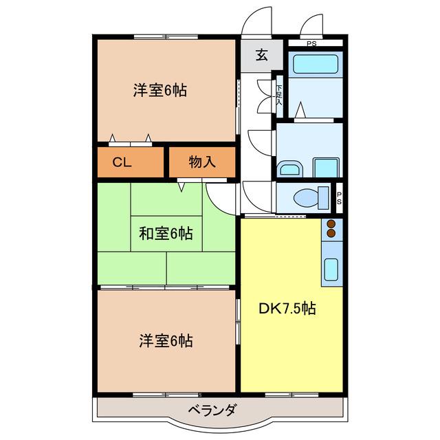 サウスヒルズAB(3DK/2階)の間取り写真
