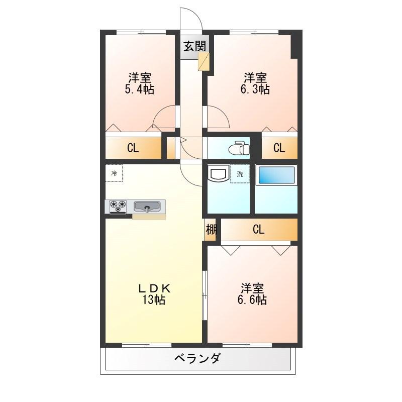 材木町ヴィラージュマンション(3LDK/6階)の間取り写真