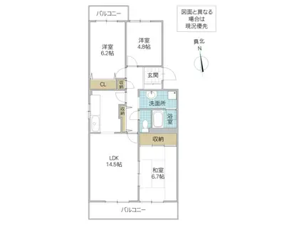 竜ヶ崎ハイツ B(3LDK/1階)の間取り写真