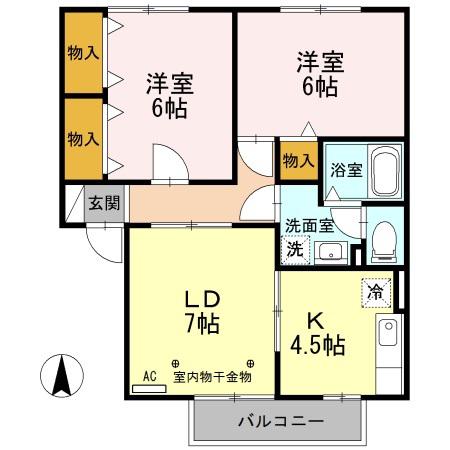 グランドール沢村A棟(2LDK/1階)の間取り写真