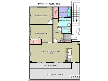 THE BLANC RESIDENCE PLUS COURT B(2LDK/1階)の間取り写真