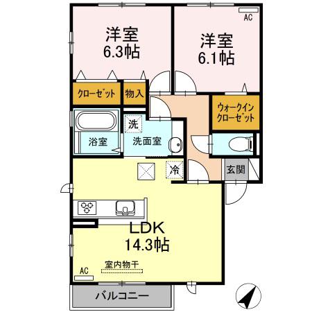 アムールF棟(2LDK/2階)の間取り写真