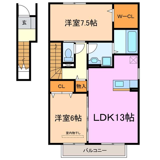 ザ・サンA棟(2LDK/2階)の間取り写真