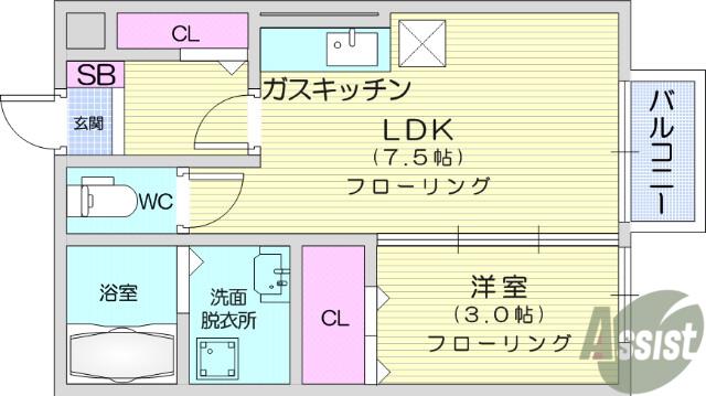 セジュール・モナリエK(1DK/1階)の間取り写真
