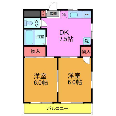 ベルフィーヌ船橋(2DK/2階)の間取り写真