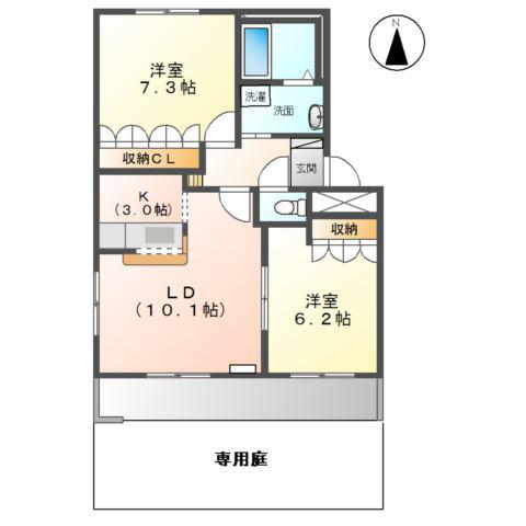 アシューレ五郎丸E棟(2LDK/1階)の間取り写真