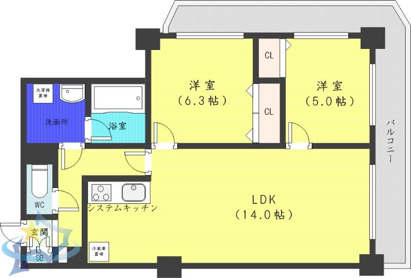 PRIME URBAN札幌 RIVER FRONT(2LDK/9階)の間取り写真