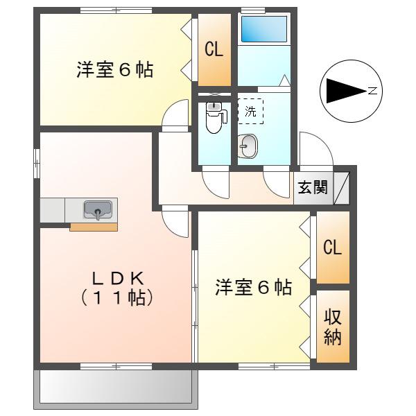 ライフモア守上B棟(2LDK/2階)の間取り写真