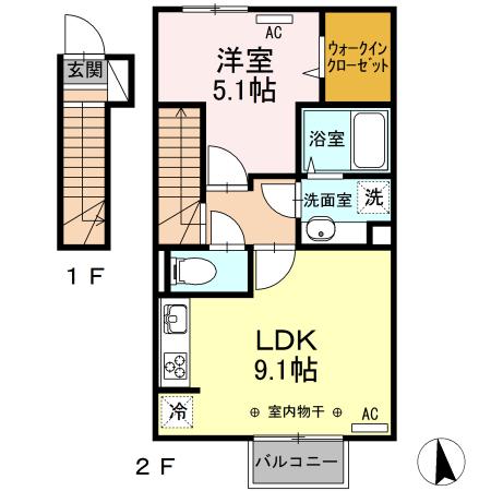 サンジュエル一本木(1LDK/2階)の間取り写真