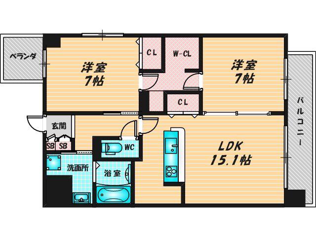 クレリア新深江(2LDK/5階)の間取り写真