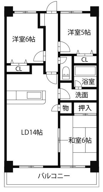 グランディール矢三C(3LDK/3階)の間取り写真