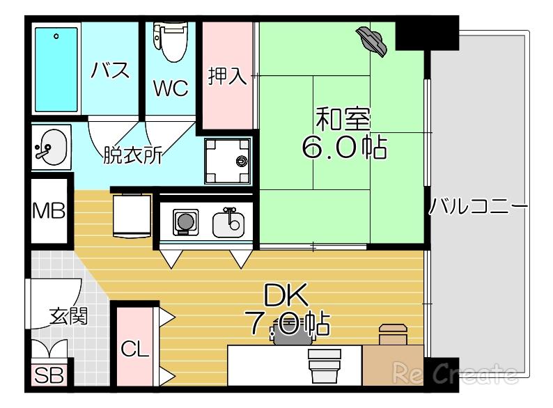 アーバンエース上本町パル(1DK/9階)の間取り写真