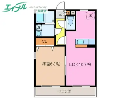 三雲長屋B(1LDK/1階)の間取り写真