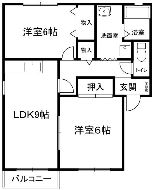 シャトー三ヶ城 M棟(2LDK/1階)の間取り写真