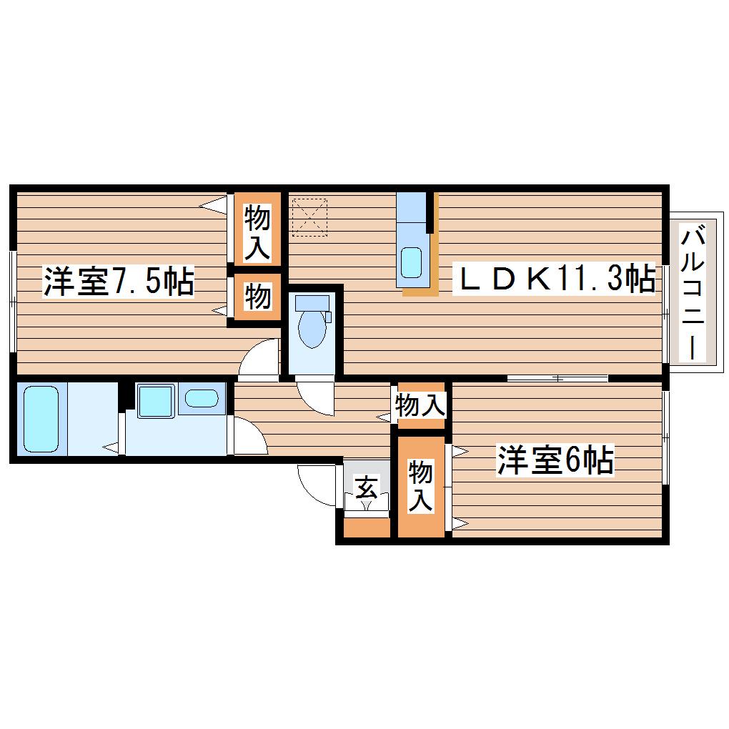 リバーサイドシャトーB(2LDK/1階)の間取り写真