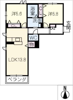 ベレオ稲里(2LDK/2階)の間取り写真