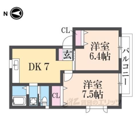 リヴィエール・シャン西禁野(2DK/1階)の間取り写真