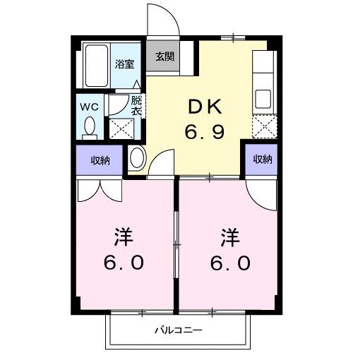 ヴィラ丸河南(2DK/1階)の間取り写真