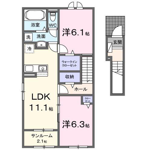 気高町北浜2丁目アパート(2LDK/2階)の間取り写真