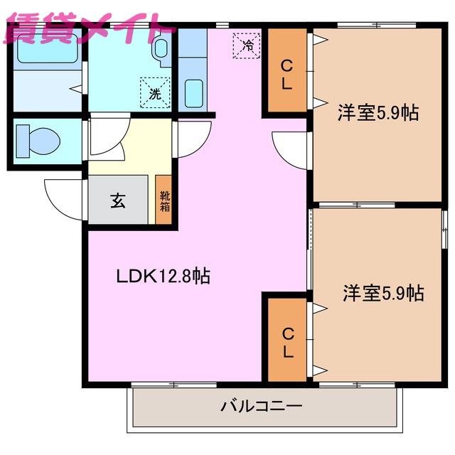 三岐鉄道三岐線 大矢知駅 徒歩10分 2階建 築24年(2LDK/2階)の間取り写真