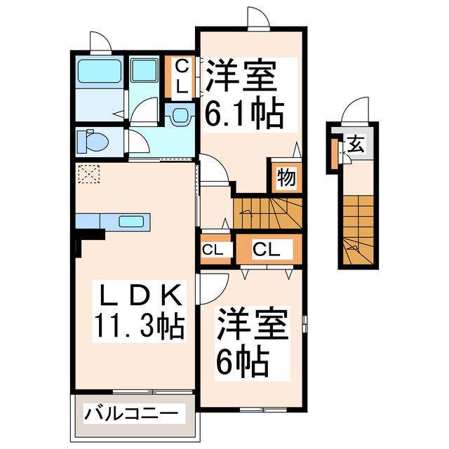 グラース ドゥ(2LDK/2階)の間取り写真