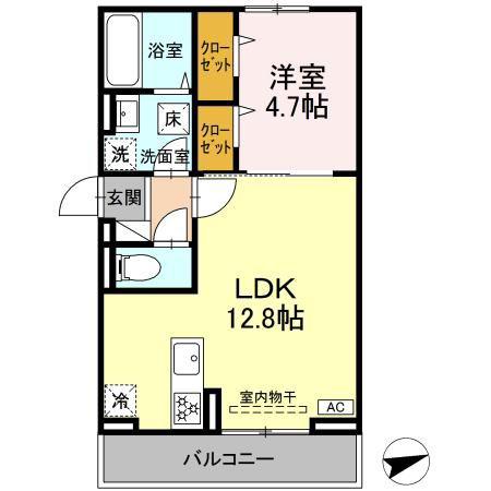 開出本町D-ROOM B棟(1LDK/1階)の間取り写真