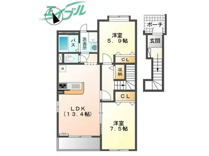 サンコートあすなろA(2LDK/2階)の間取り写真