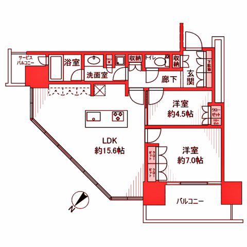 BRILLIA GRANDE みなとみらいオーシャンフロントタワー(2LDK/24階)の間取り写真