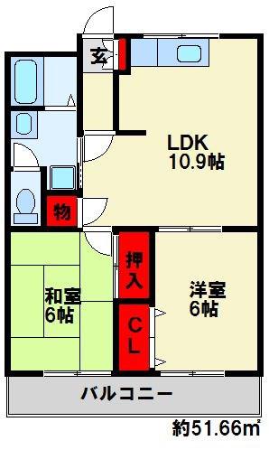 セントラルプレーリー千代(2LDK/1階)の間取り写真