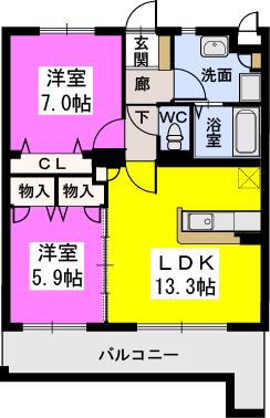 リヴェール高田(2LDK/2階)の間取り写真
