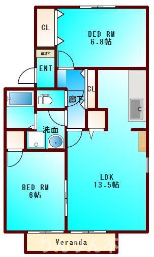 ルミナス山城 B(2LDK/2階)の間取り写真