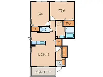 エルシャトー吉備V(2LDK/1階)の間取り写真