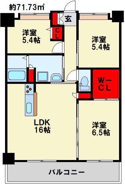 ウイングス三萩野(3LDK/5階)の間取り写真
