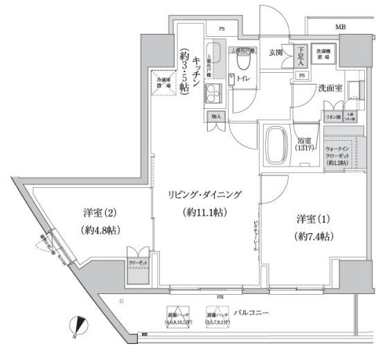 パークハビオ渋谷本町レジデンス(2LDK/9階)の間取り写真