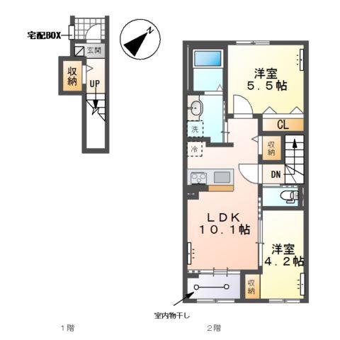津島市中地町1丁目アパート(2LDK/2階)の間取り写真