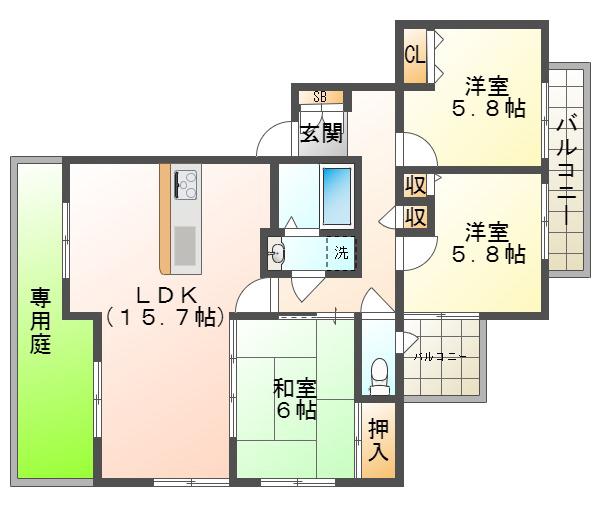 モンセーヌ西神南6号棟(3LDK/1階)の間取り写真