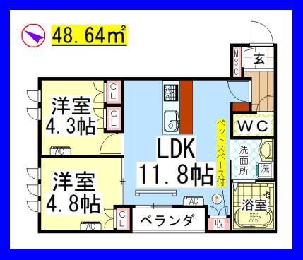 AF ペット共生・ソレイル(2LDK/2階)の間取り写真