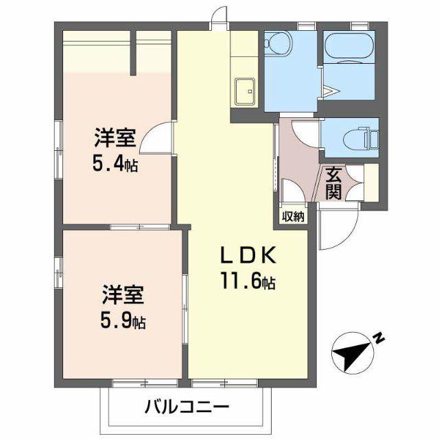 サンハイツ富士岡B(2LDK/2階)の間取り写真