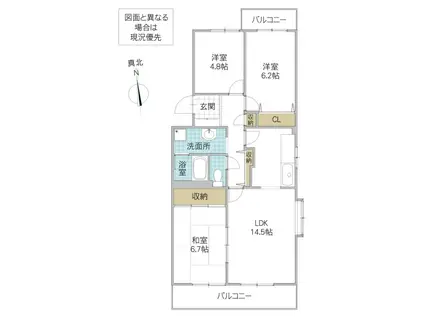 竜ヶ崎ハイツ B(3LDK/3階)の間取り写真